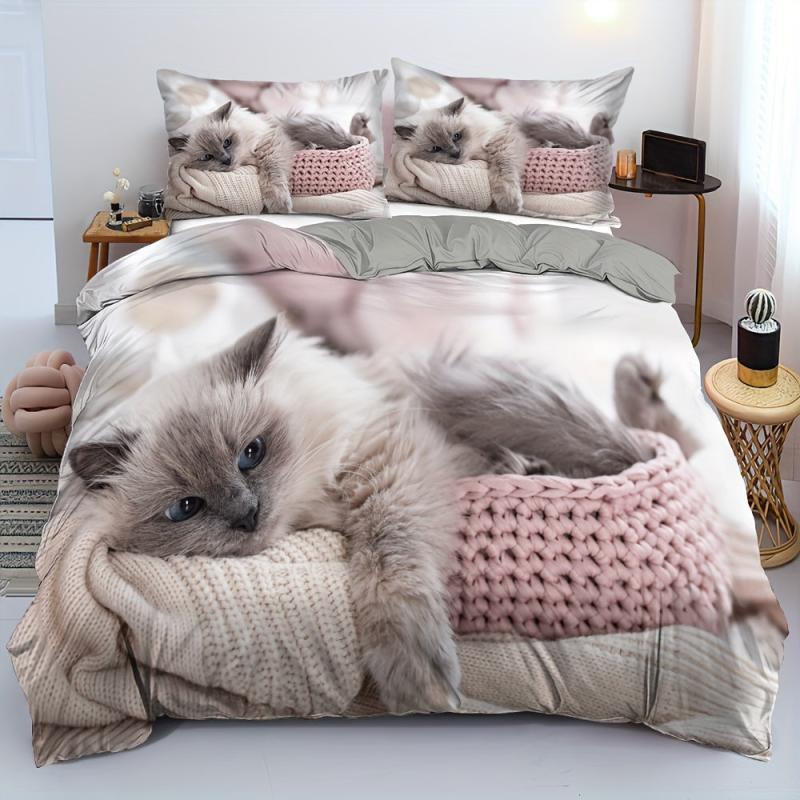 3pc Cat Print Duvet Cover Set w/ 2 Pillowcase - No Comforter