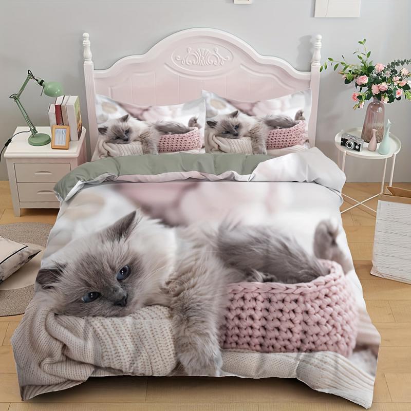 3pc Cat Print Duvet Cover Set w/ 2 Pillowcase - No Comforter