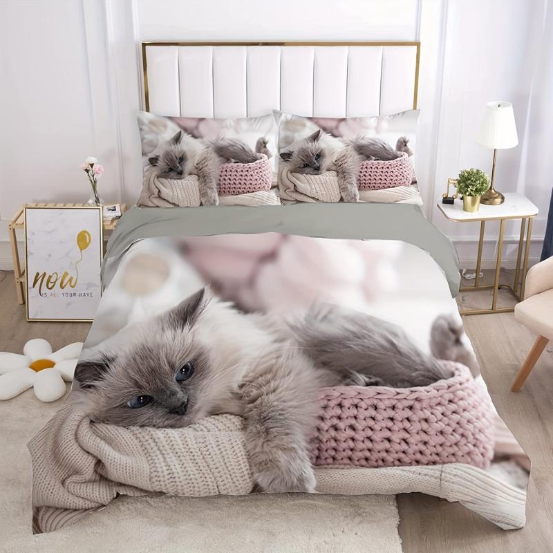 3pc Cat Print Duvet Cover Set w/ 2 Pillowcase - No Comforter