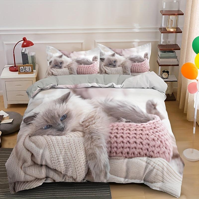 3pc Cat Print Duvet Cover Set w/ 2 Pillowcase - No Comforter