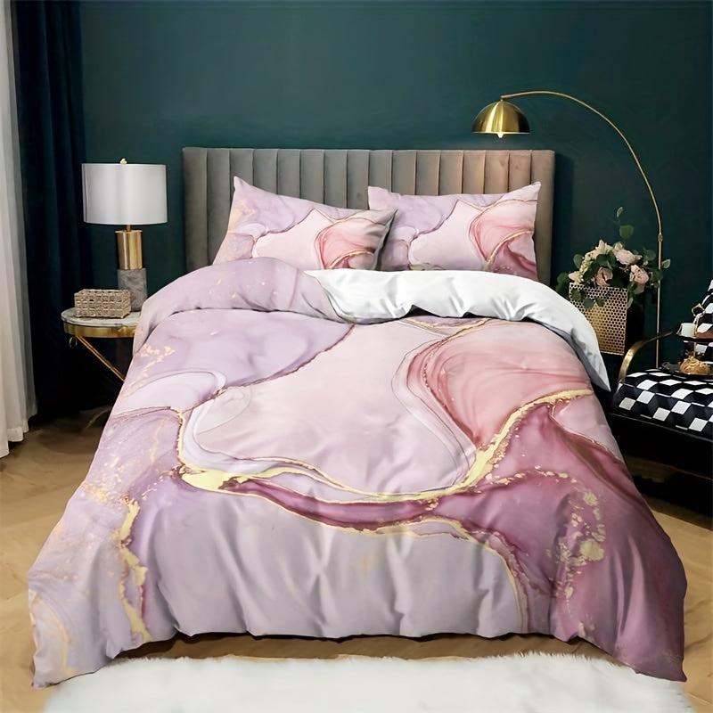 3pcs Marble Duvet Cover Set Golden Glitter Pink Bedding Zipper Ties