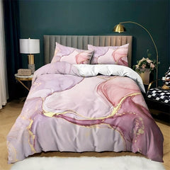 3pcs Marble Duvet Cover Set Golden Glitter Pink Bedding Zipper Ties