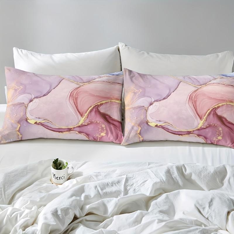 3pcs Marble Duvet Cover Set Golden Glitter Pink Bedding Zipper Ties