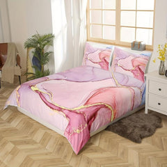 3pcs Marble Duvet Cover Set Golden Glitter Pink Bedding Zipper Ties