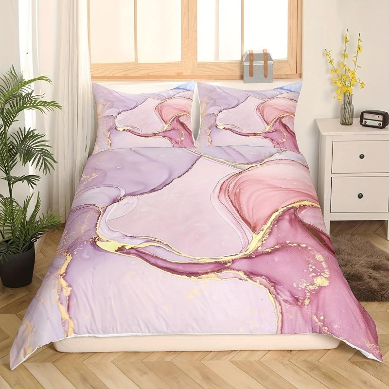 3pcs Marble Duvet Cover Set Golden Glitter Pink Bedding Zipper Ties