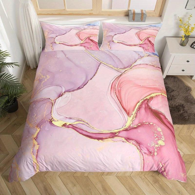 3pcs Marble Duvet Cover Set Golden Glitter Pink Bedding Zipper Ties