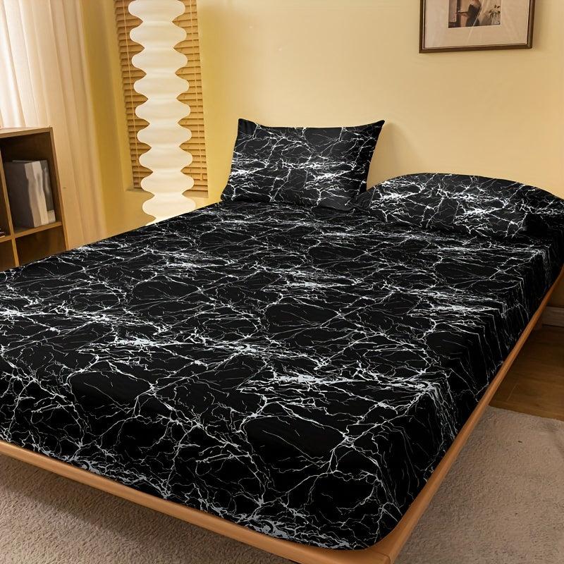 Marble Brushed Print Fitted Sheet Soft Comfortable Bedding Mattress Protective