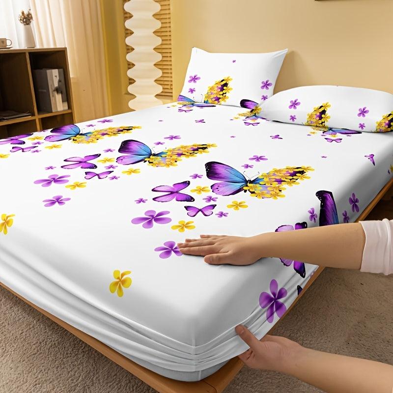 Soft Butterfly Floral Print Fitted Sheet Deep Pocket
