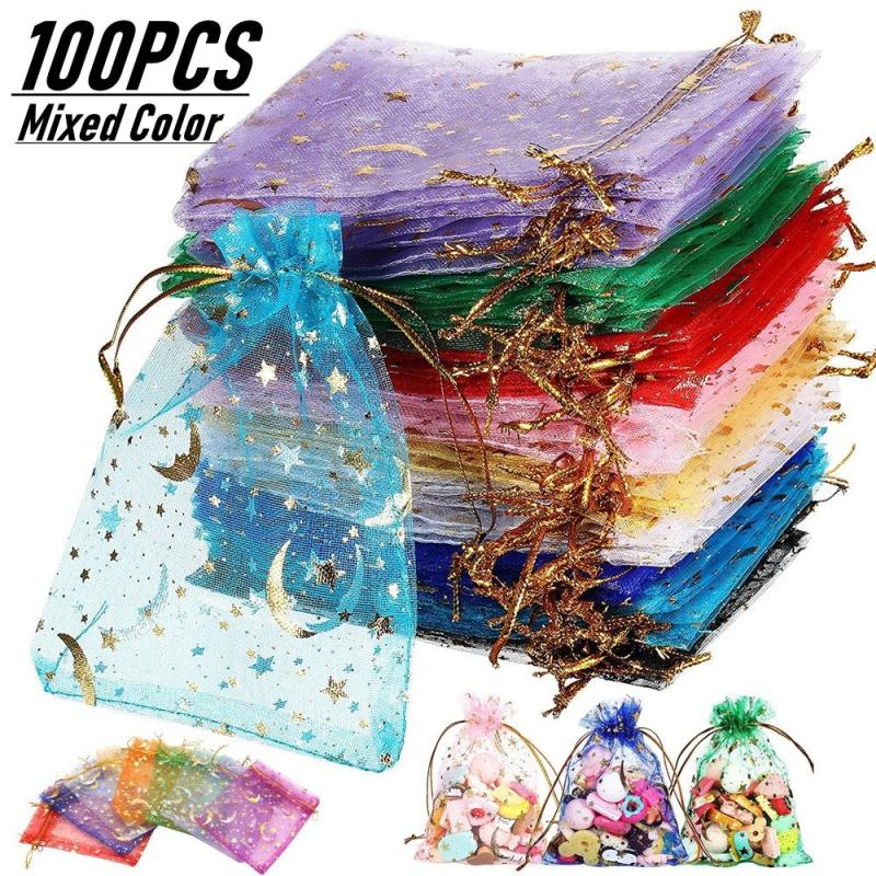 100pcs Moon Star Organza Bag for Jewelry Candy Party Favors Mixed Colors