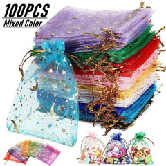 100pcs Moon Star Organza Bag for Jewelry Candy Party Favors Mixed Colors