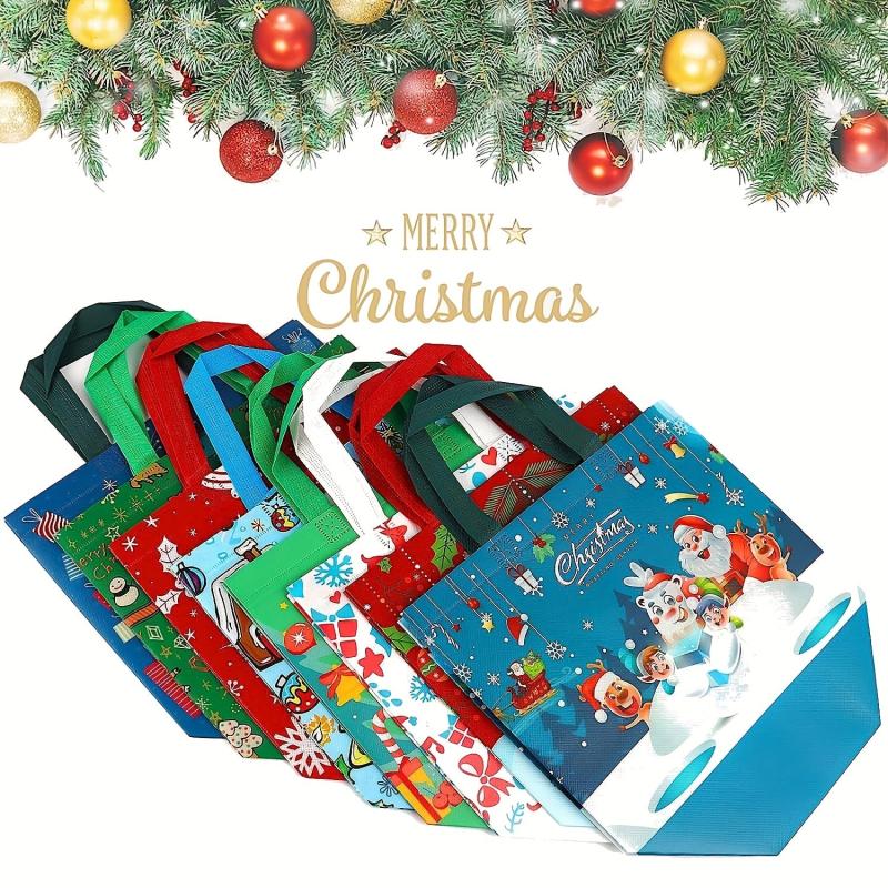 8PCS Christmas Gift Bags Reusable Tote Bags with Handles