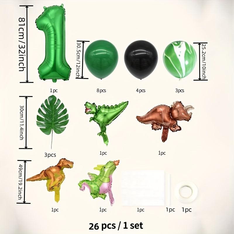 26pcs Green Dino Birthday Party Balloon Set with Glue for Baby Shower