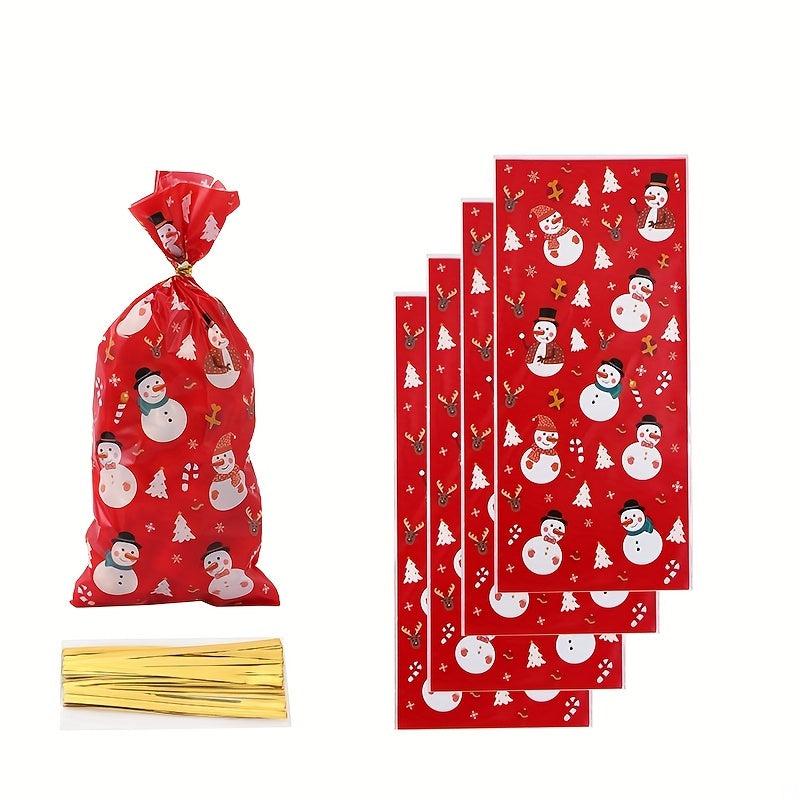 50pcs Christmas Candy Treat Bags 4 Styles Santa Snowman With Twist Ties