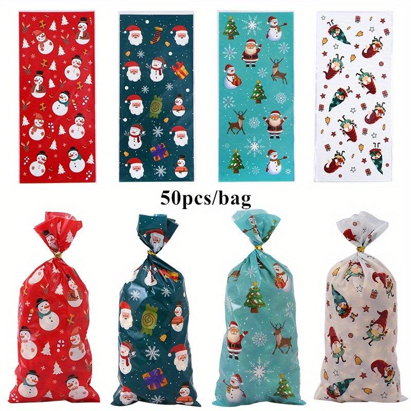 50pcs Christmas Candy Treat Bags 4 Styles Santa Snowman With Twist Ties
