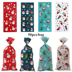 50pcs Christmas Candy Treat Bags 4 Styles Santa Snowman With Twist Ties
