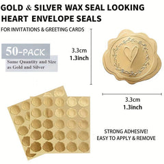 50pcs Golden Embossed Wax Seal Heart Envelope Seals Wedding Invitations