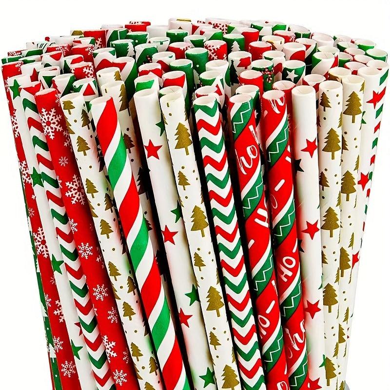 25pcs Christmas Paper Straws Santa & Tree Party Decor Disposable Drink Straws