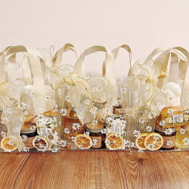 Clear Daisy Print PVC Gift Bag with Ribbon - Wedding Party Holiday Packaging