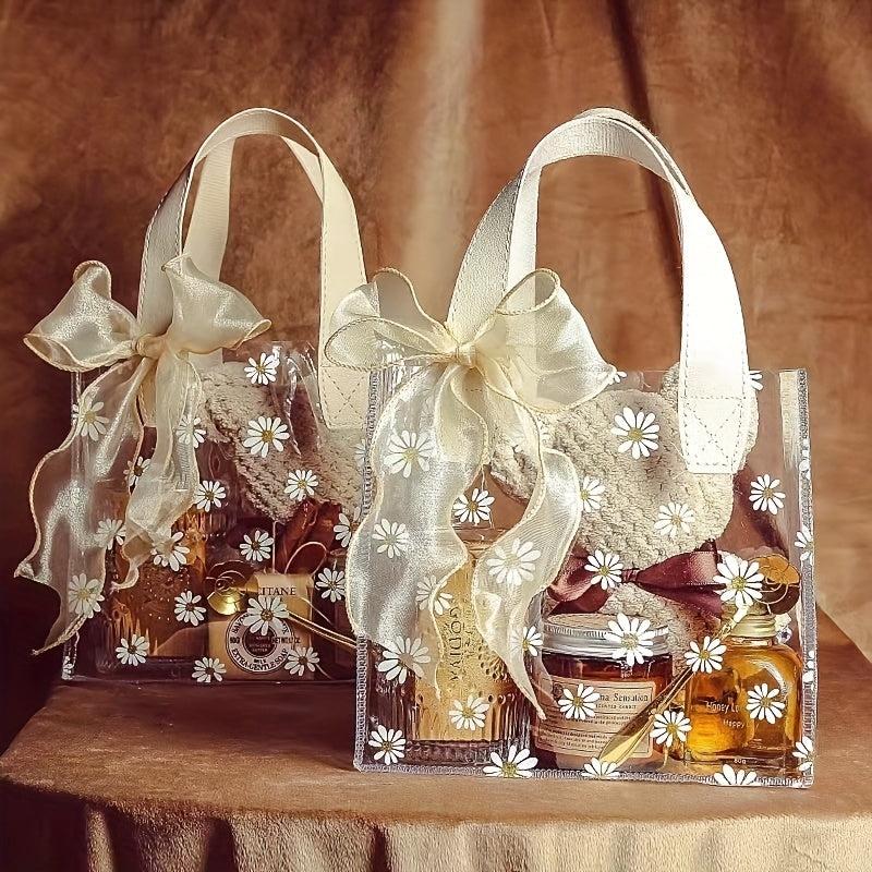 Clear Daisy Print PVC Gift Bag with Ribbon - Wedding Party Holiday Packaging