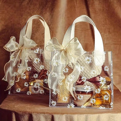 Clear Daisy Print PVC Gift Bag with Ribbon - Wedding Party Holiday Packaging
