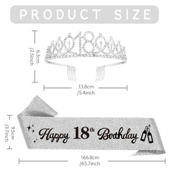 2pcs 18th Birthday Tiara and Sash Set Crown and Sash for Girls' Party Supplies