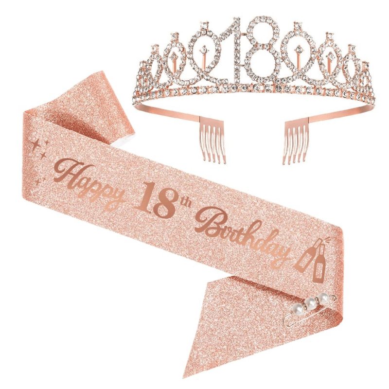 2pcs 18th Birthday Tiara and Sash Set Crown and Sash for Girls' Party Supplies