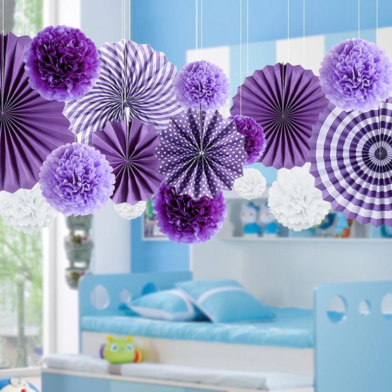 16pcs Purple Paper Flower Ball Fan Set Decoration