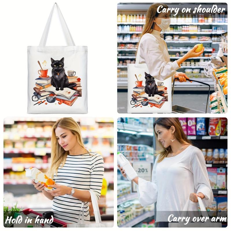 Cat Reading Pattern Canvas Tote Bag, Women's Portable Shoulder Bag