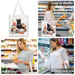 Cat Reading Pattern Canvas Tote Bag, Women's Portable Shoulder Bag