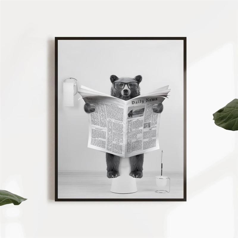 Canvas Wall Art Bear In Toilet Painting Funny Bathroom Decor
