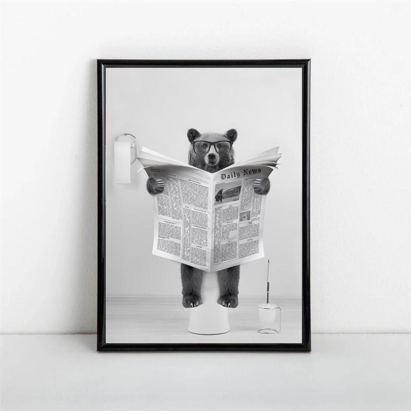 Canvas Wall Art Bear In Toilet Painting Funny Bathroom Decor