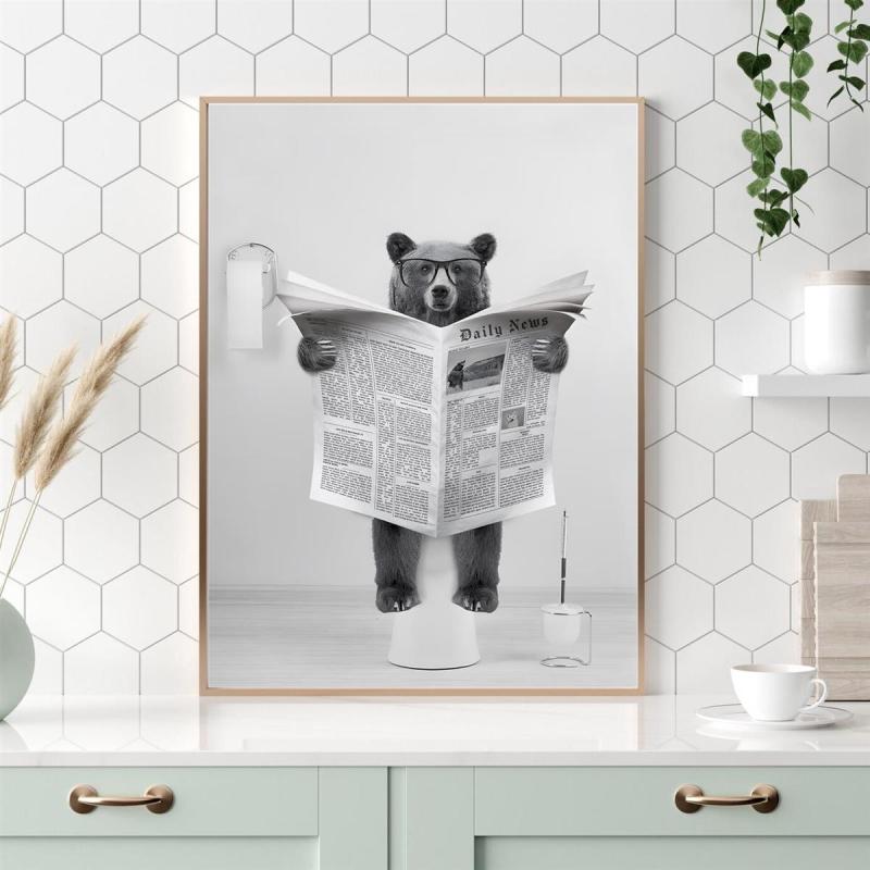 Canvas Wall Art Bear In Toilet Painting Funny Bathroom Decor