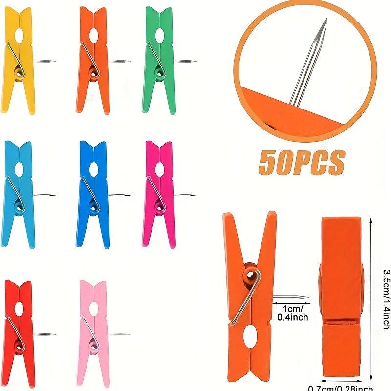 50pcs Colorful Wooden Clip Push Pins Decorative Art Office Handicraft