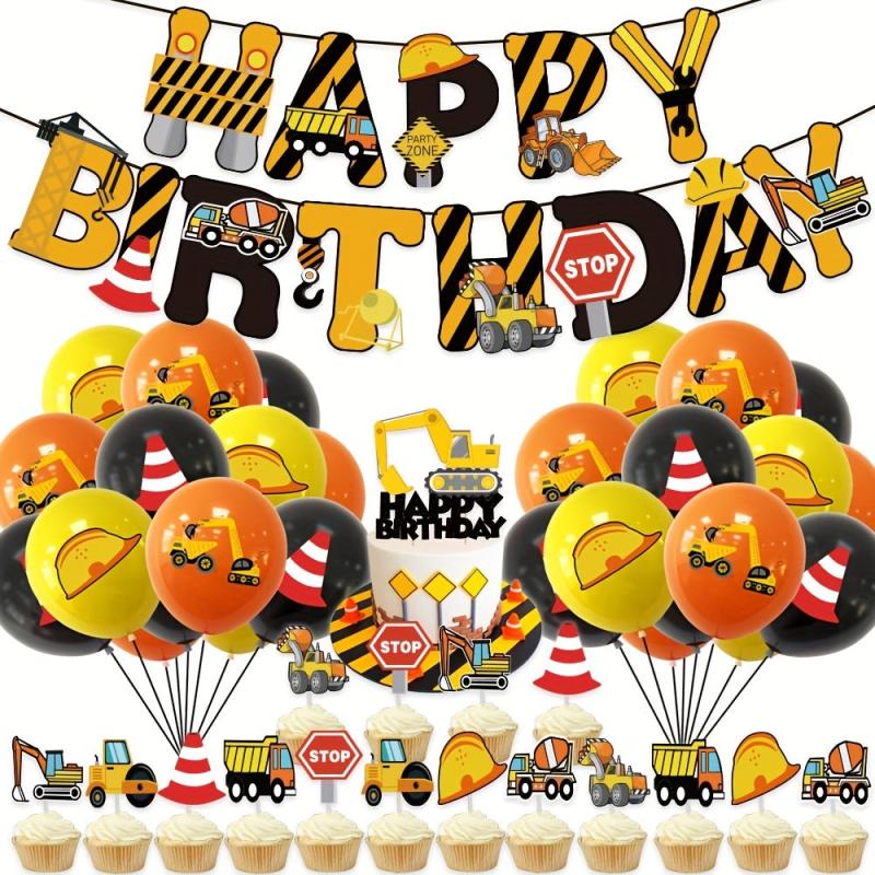 15pcs Construction Vehicle Latex Balloons Excavator Safety Hat Printed