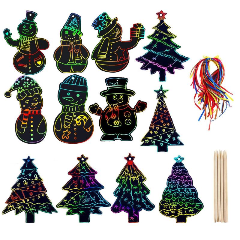 48pcs Snowman Christmas Tree Scratch Painting Paper DIY Bookmark