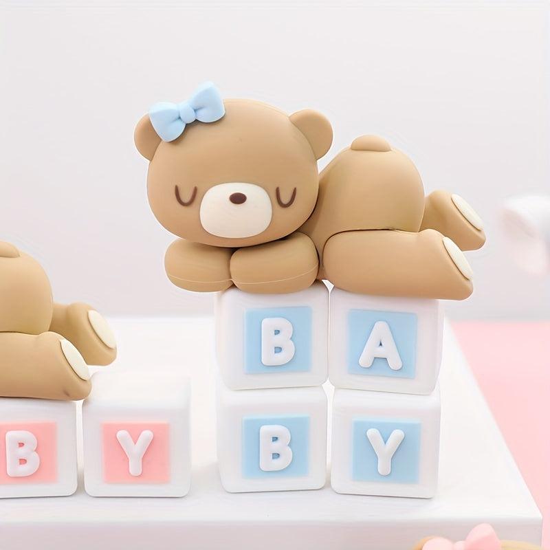 Pink Bear Statue Baby Birthday Cake Topper
