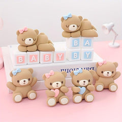 Pink Bear Statue Baby Birthday Cake Topper