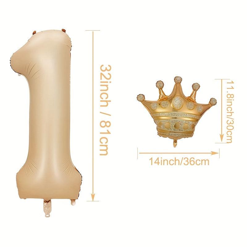 Beige Caramel Heart Crown Birthday Number Foil Balloon Bundle