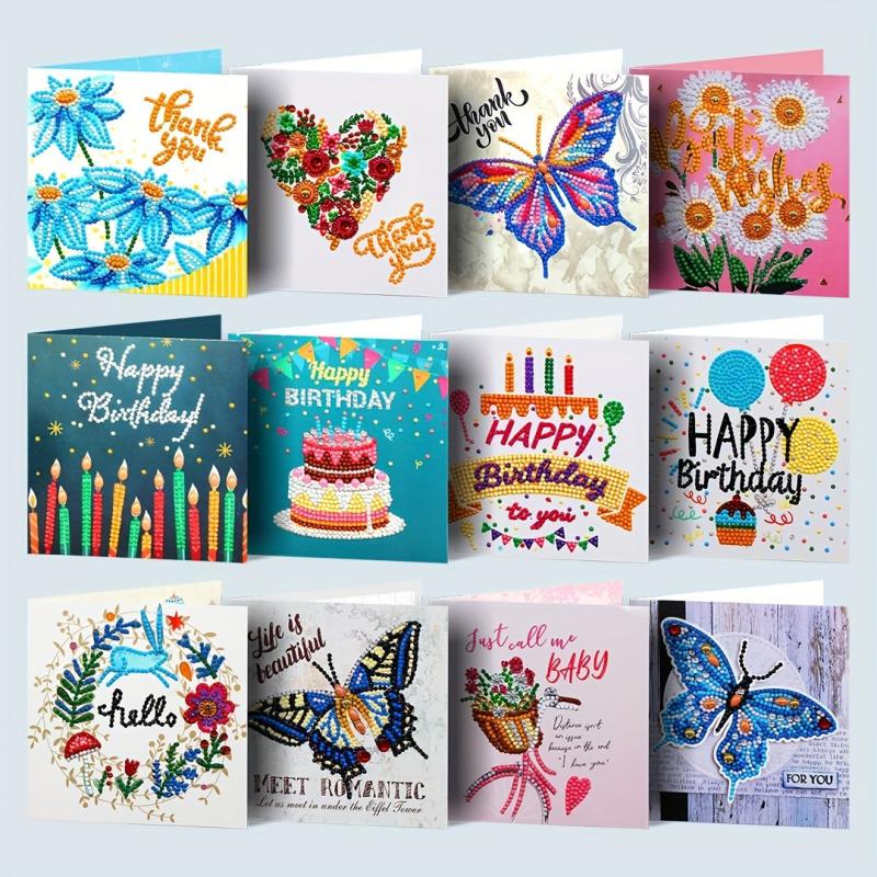 12pcs DIY Diamond Painting Greeting Card Birthday Flower Bird Set