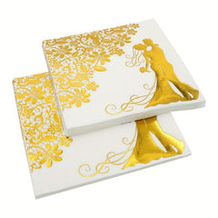 20pcs Wedding Napkins Cocktail Mr & Mrs Golden Bride And Groom Napk