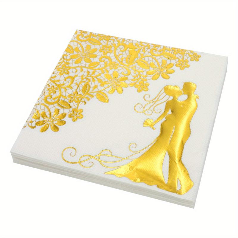 20pcs Wedding Napkins Cocktail Mr & Mrs Golden Bride And Groom Napk