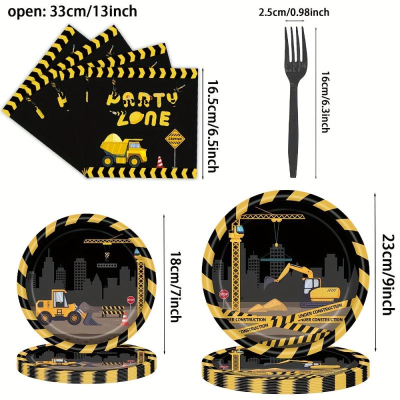 24pcs Engineering Car Party Supplies Paper Plates Napkins Forks Decorations