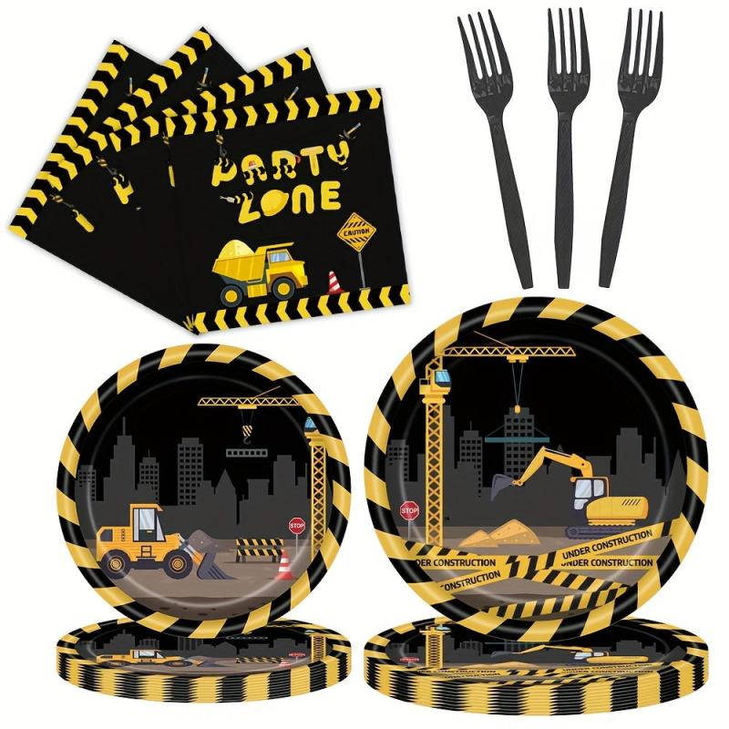 24pcs Engineering Car Party Supplies Paper Plates Napkins Forks Decorations