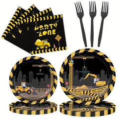 24pcs Engineering Car Party Supplies Paper Plates Napkins Forks Decorations