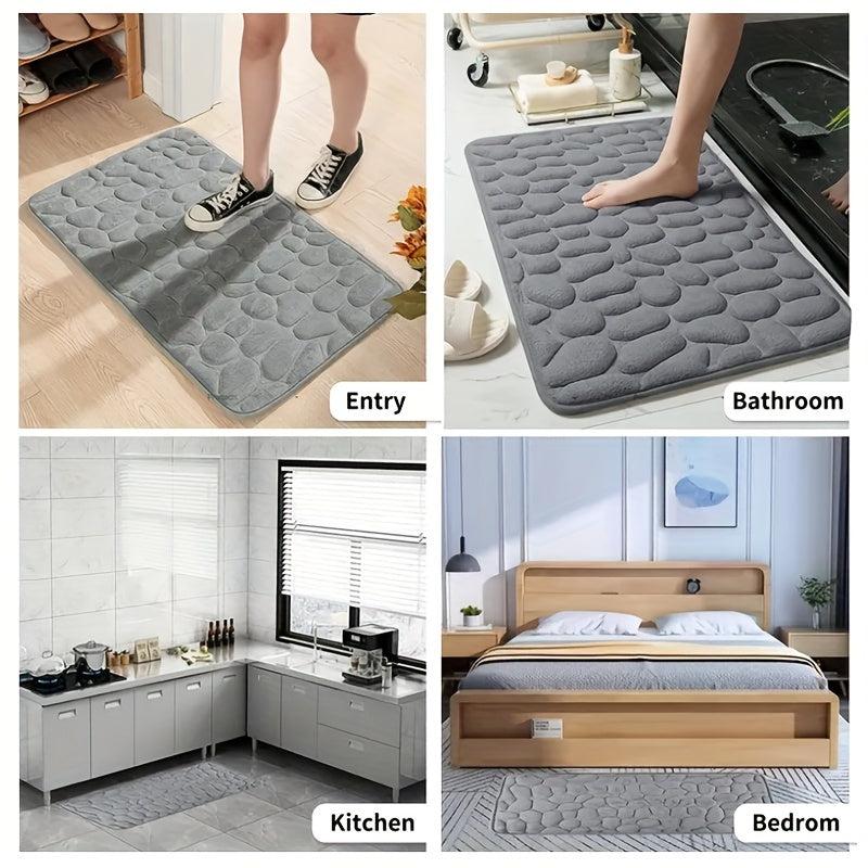 Memory Foam Bath Mat Cobblestone Embossed Coral Fleece Bath Rug