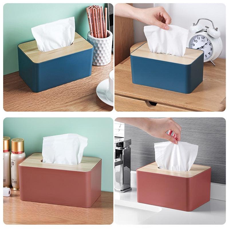 Desktop Tissue Box Plastic Polished Square Tissue Container with Wood Lid