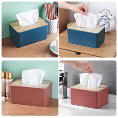 Desktop Tissue Box Plastic Polished Square Tissue Container with Wood Lid