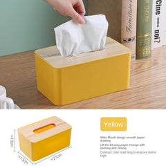 Desktop Tissue Box Plastic Polished Square Tissue Container with Wood Lid
