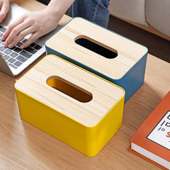 Desktop Tissue Box Plastic Polished Square Tissue Container with Wood Lid