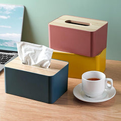 Desktop Tissue Box Plastic Polished Square Tissue Container with Wood Lid